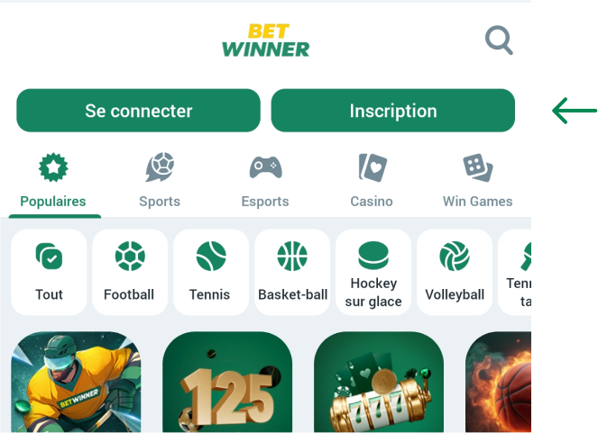 Cliquez sur le bouton S'inscrire Betwinner Apk Sénégal